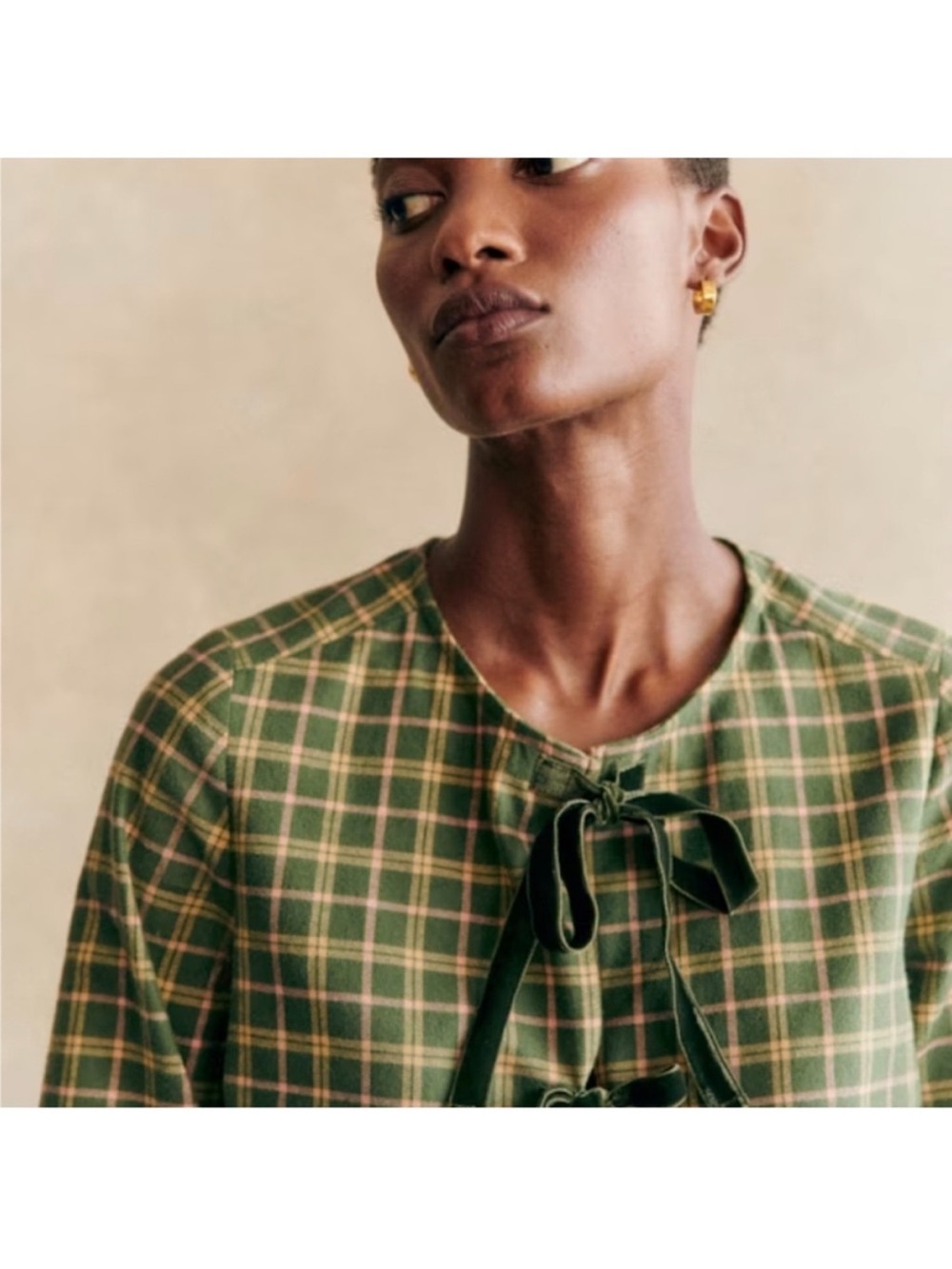 Sezane Brenda Plaid Blouse Checkered Tie Front Fall Top Velvet Green Size Medium - Picture 9 of 13